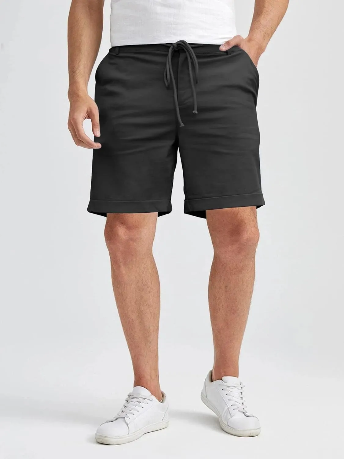 Men's Linen Casual Classic Short Elastic Waist Summer Beach Lightweight Board Slim-Fit with Pockets