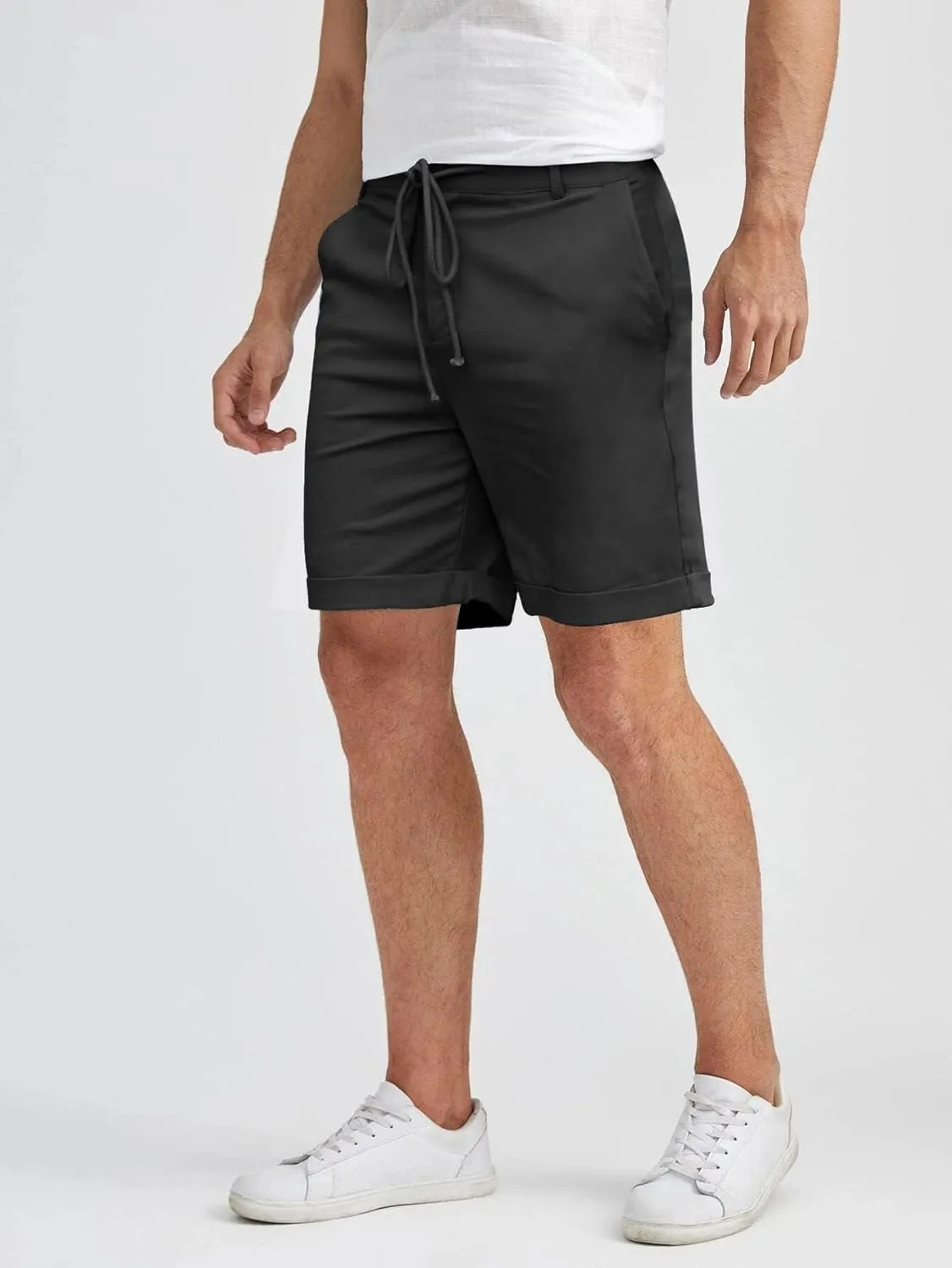 Men's Linen Casual Classic Short Elastic Waist Summer Beach Lightweight Board Slim-Fit with Pockets