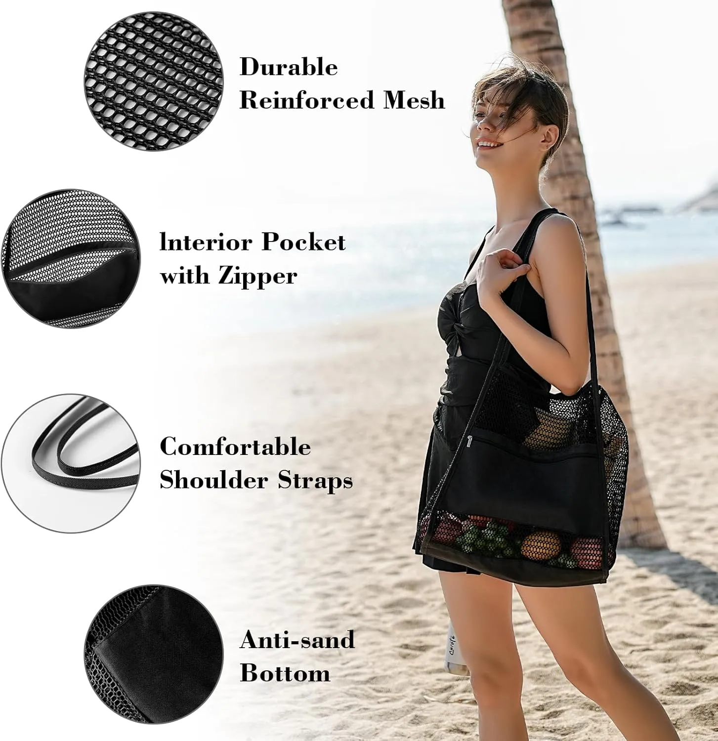 Tavaleu Mesh Beach Bag, Beach Bags for Women, Woven Straw Beach Tote Bag Waterproof with Inner Pocket, Packable Beach Bag