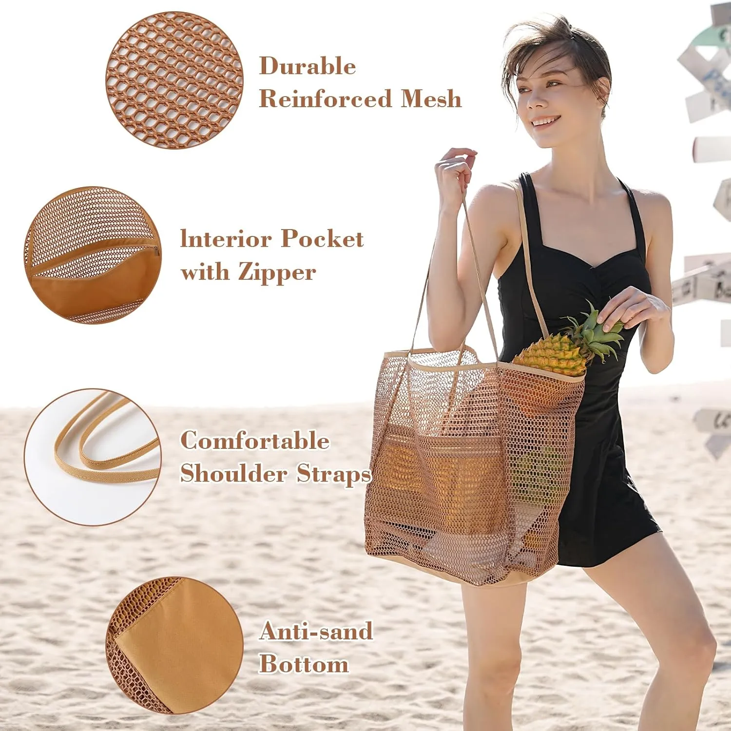 Tavaleu Mesh Beach Bag, Beach Bags for Women, Woven Straw Beach Tote Bag Waterproof with Inner Pocket, Packable Beach Bag